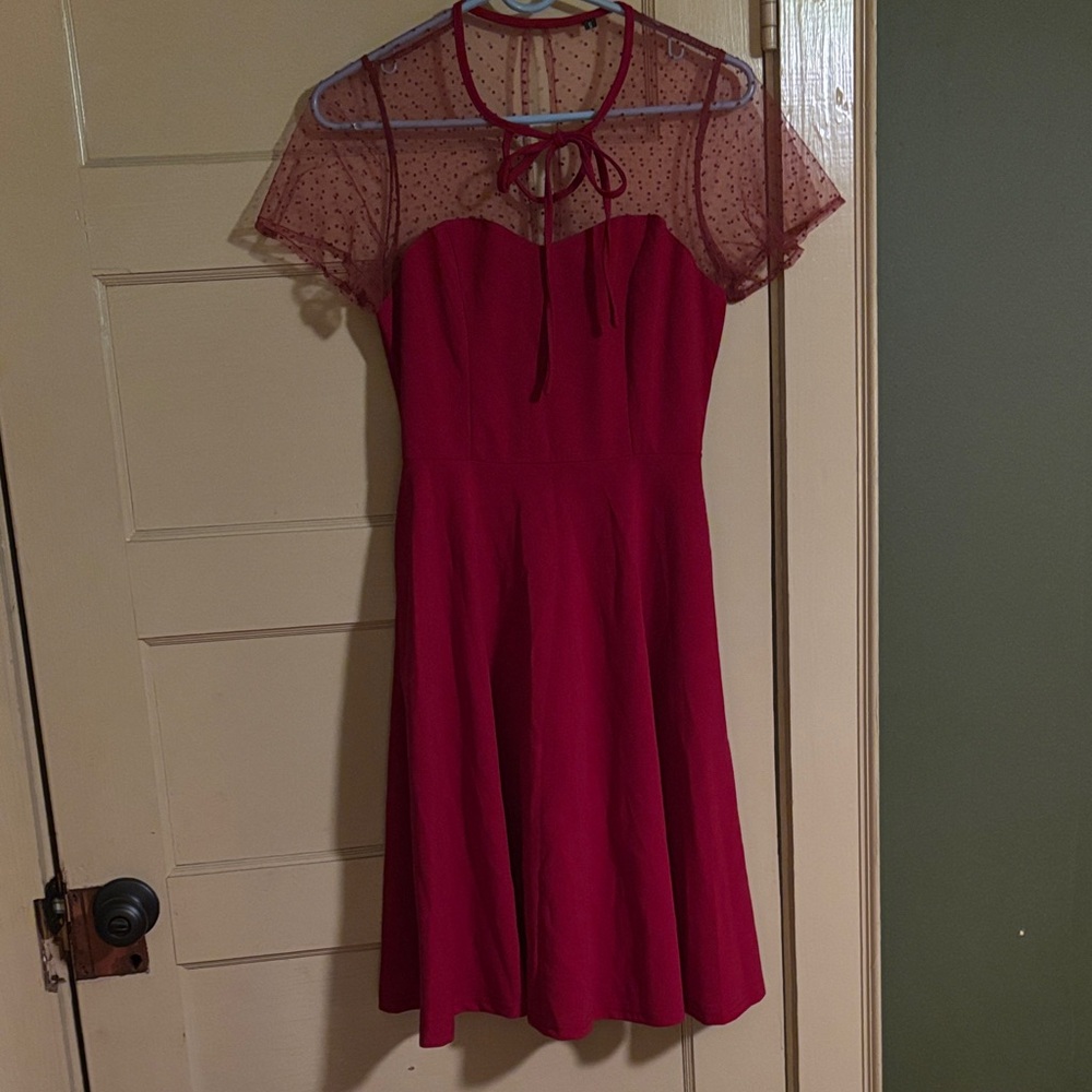 Elegant Red Dress with Sheer Polka Dot Detail
